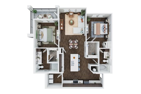 A top down view of a house layout with a kitchen, living room, dining room, and bathrooms.